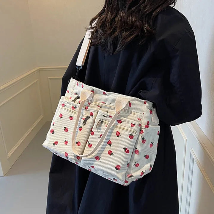 Vienne torba tote ze sztruksu z truskawkowym nadrukiem